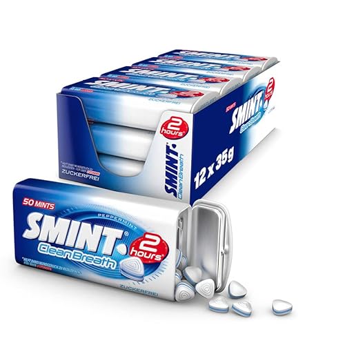 SMINT 2 hours Peppermint, 12 Metall-Dosen mit Pfefferminz-Pastillen, zuckerfreie Mints für ein frisches Mundgefühl für mehr als 2 Stunden, 12 x 35g