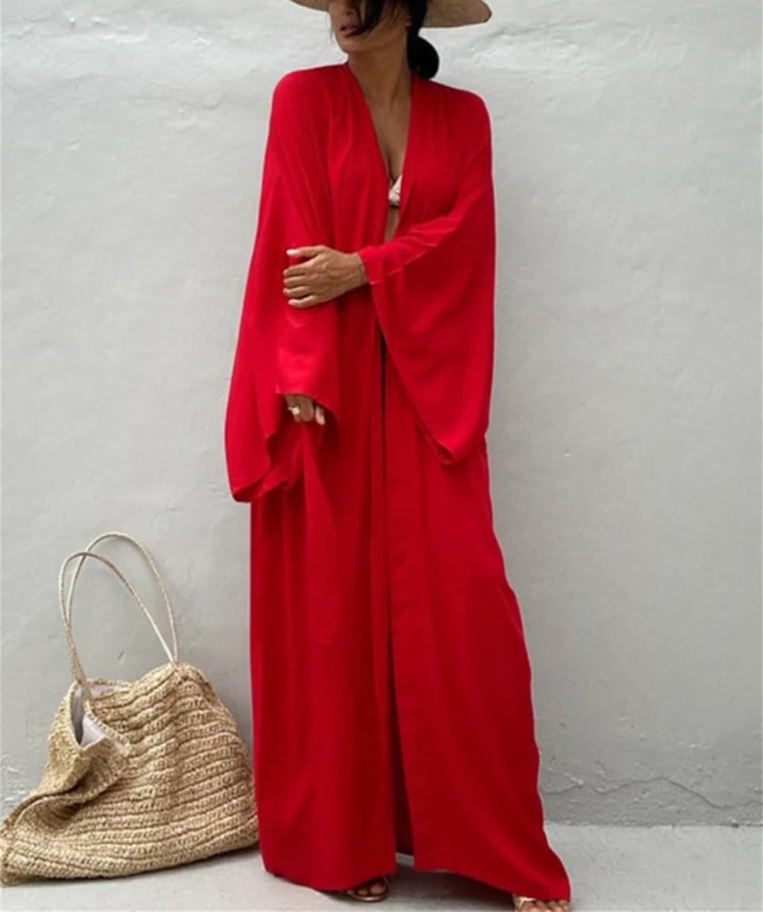 Kimono de plage uni avec ceinture pour femme, 1, taille unique