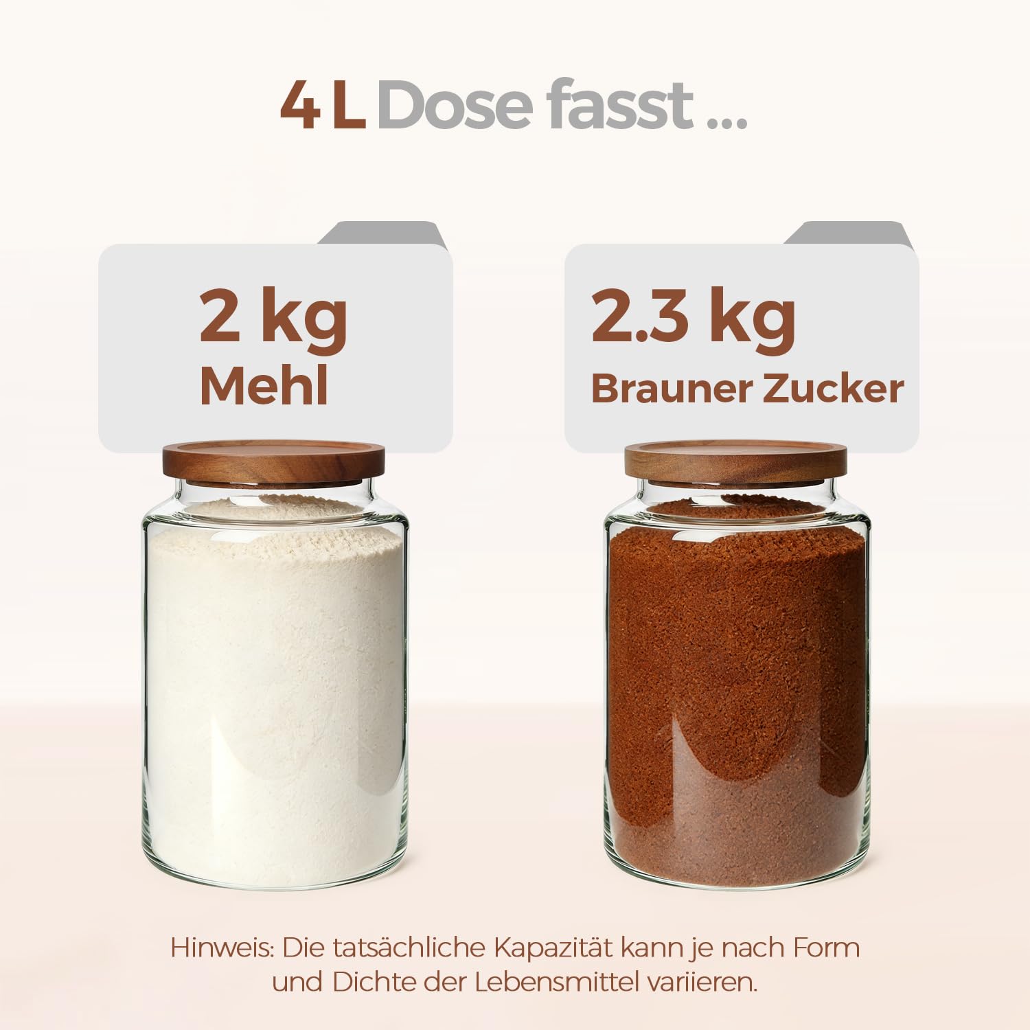 ComSaf Vorratsgläser mit Deckel, Glasbehälter, Vorratsdosen Glas 3,9 L × 2, Zylindrisch Borosilikatglas, Akazienholzdeckel Luftdicht mit Messlöffel & Etiketten für Mehl, Cornflakes, Müsli, Keks