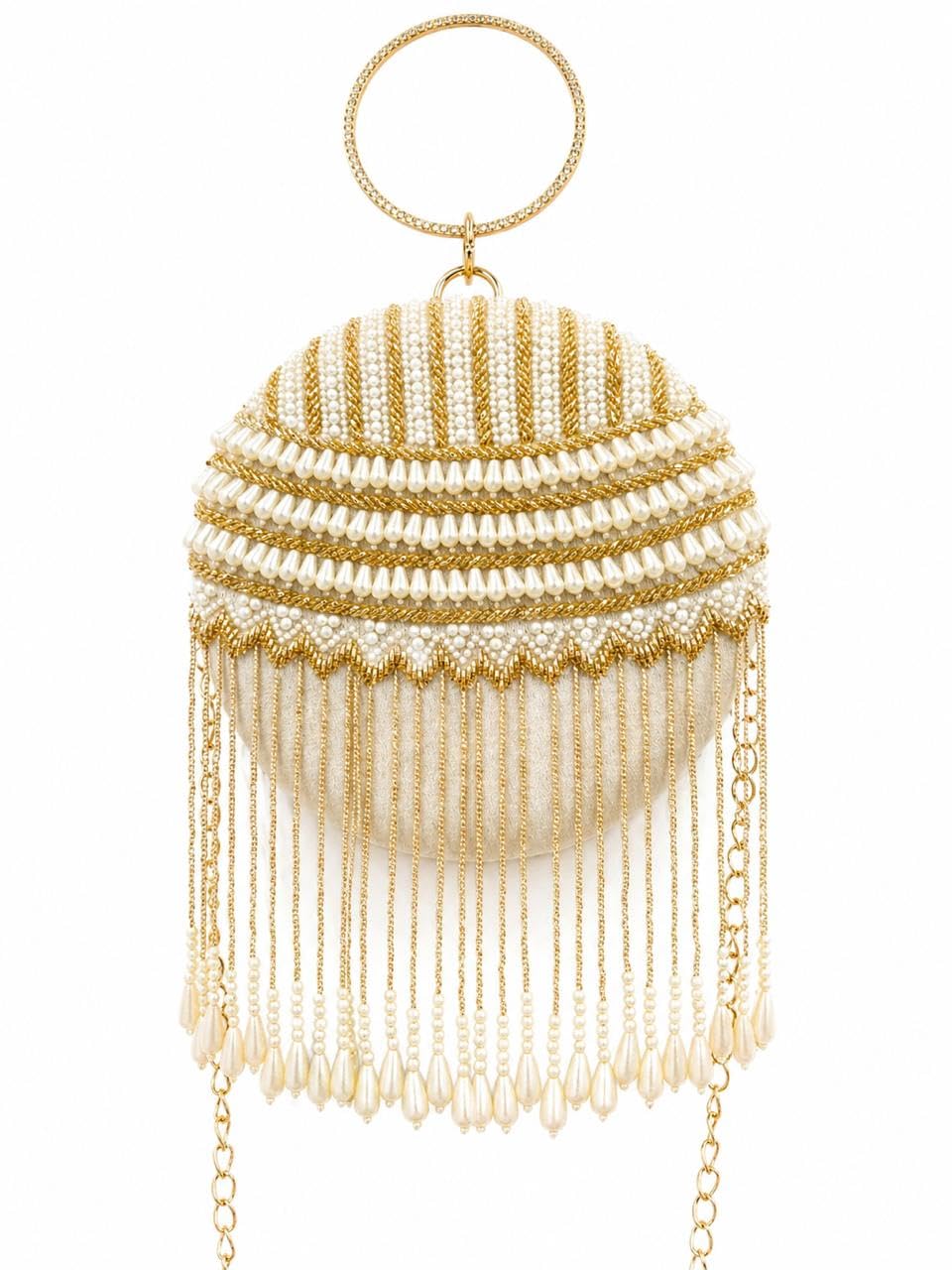 KGN FATHIMA Women's Velvet Round Clutch with Pearl & Tassel Detail - Black-image-20