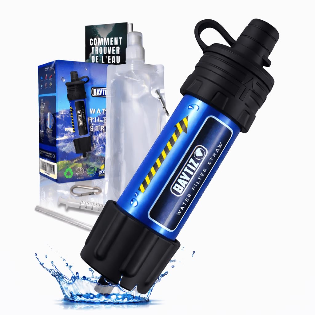 BAYTIZ ® Filtro Acqua di Sopravvivenza con Borraccia Flessibile - Cannuccia Filtrante da Trekking, Kit Depuratore Potabile Accessori Campeggio Montagna Attrezzatura Purificatore Filtri Water Militare