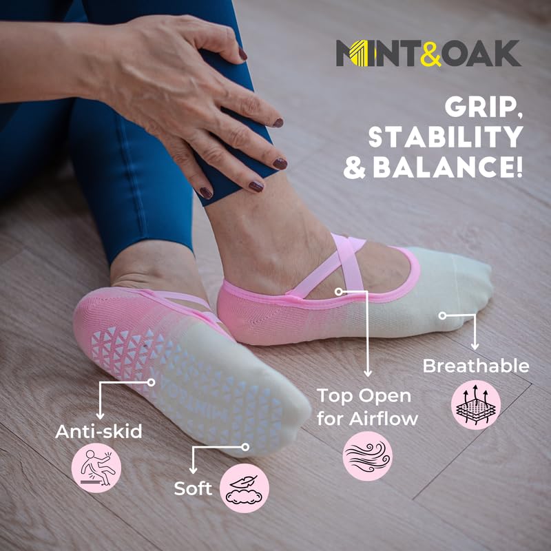 Image of Mint & Oak Pilates Socks with Grips for Women, Ankle Length Non-Slip Yoga Socks, Cotton Ideal For Yoga, Pilates, Gym, Workout, Cute Women's Gift