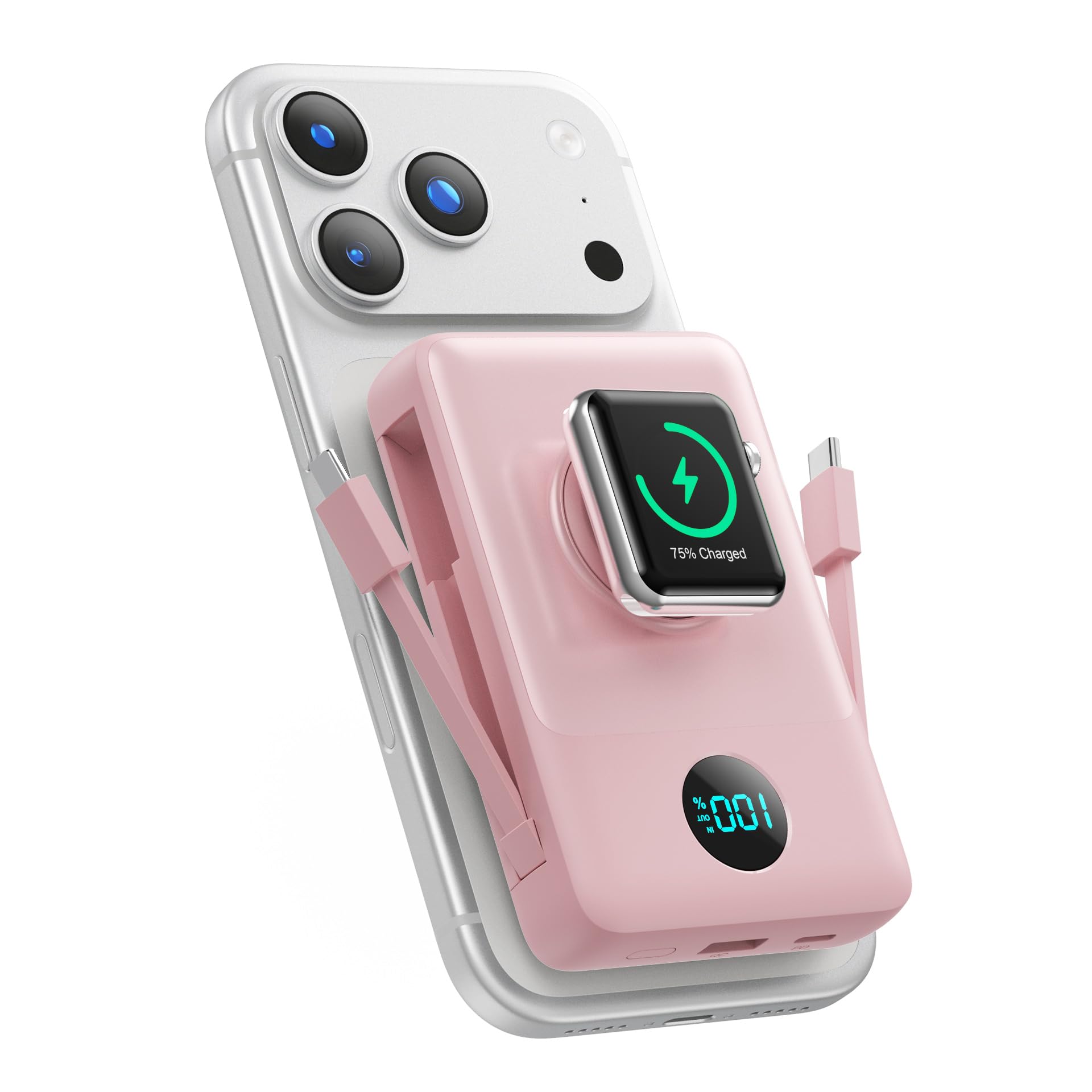 Magnetic Portable Charger for MagSafe,10800mAh Wireless Power Bank with Built-in Cables & iWatch Charger,25W Fast Charging Battery Pack LED Display Flight-Safe for iPhone 17/16/15 & Apple Watch-Pink Pink 10800mah