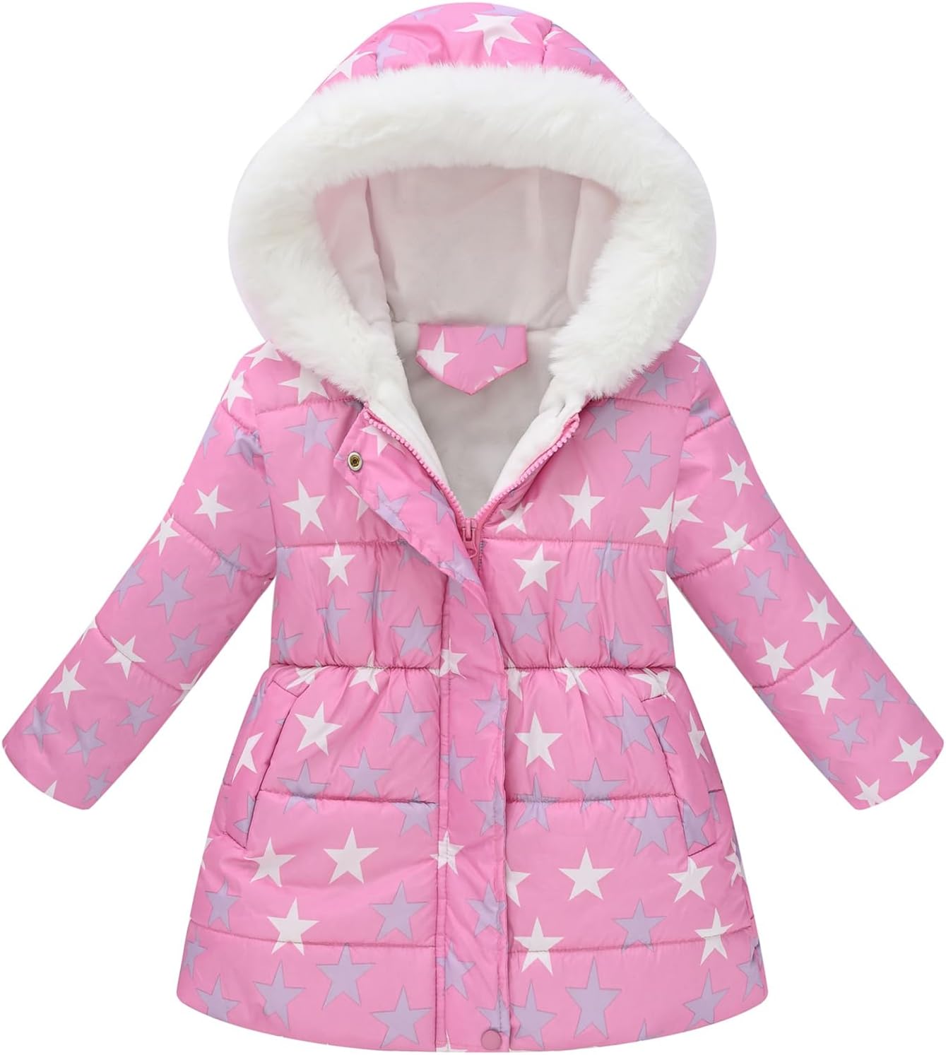ODIZLI Kids Girls Boys Light Puffer Floral Print Faux Fur Hoodie Zip Up Fleece Fall Winter Jacket