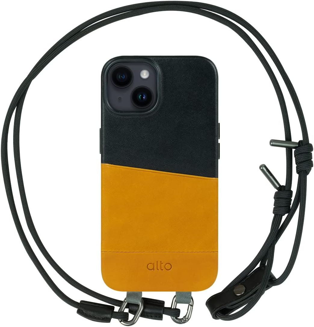 alto Crossbody Leather Case Designed for iPhone 14, Anello Series Drop Protective Italian Leather Card Wallet Case with Detachable Lanyard Strap (6.1 inch, iPhone 14,Brown and Black)