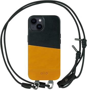 alto Crossbody Leather Case Designed for iPhone 14, Anello Series Drop Protective Italian Leather Card Wallet Case with Detachable Lanyard Strap 6.1 inch, iPhone 14,Brown and Black