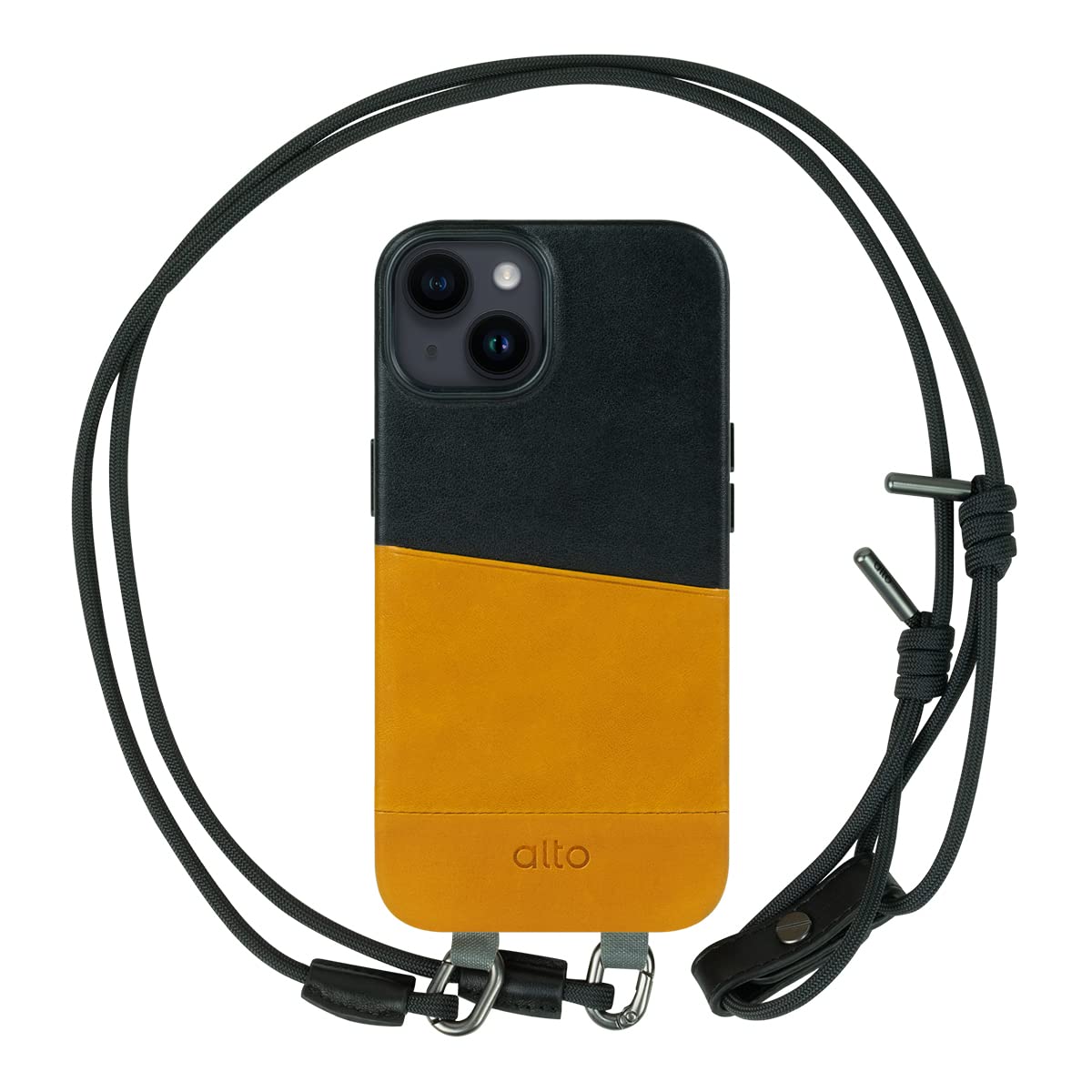 alto Crossbody Leather Case Designed for iPhone 14, Anello Series Drop Protective Italian Leather Card Wallet Case with Detachable Lanyard Strap (6.1 inch, iPhone 14,Brown and Black)