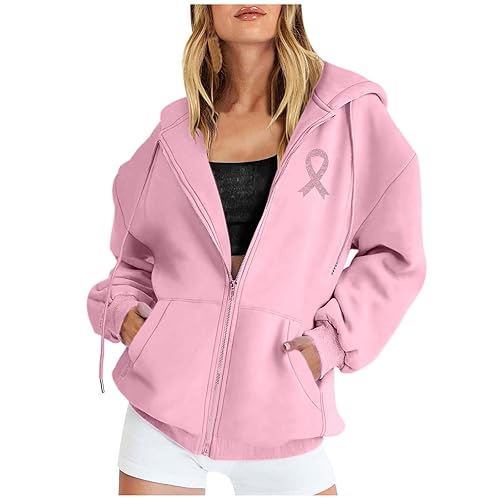 Breast Cancer Zip Up Hoodie Women Oversized Pink Ribbon Breast