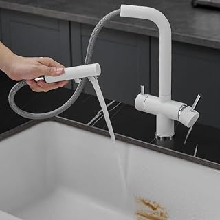 Grifo Cocina 3 Vias Osmosis Extraible Doble Tirador Un Solo Orificio Latón Grifo Fregadero 3 Vias Osmosis-Blanco