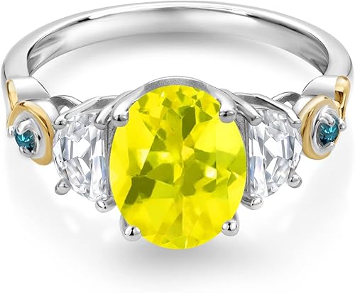 Miniatura 2 de Anillo ovalado de 3 piedras de plata 925 y oro amarillo de 10 quilates topacio místico canario y piedra gema moissanita creada por King 251 quilates