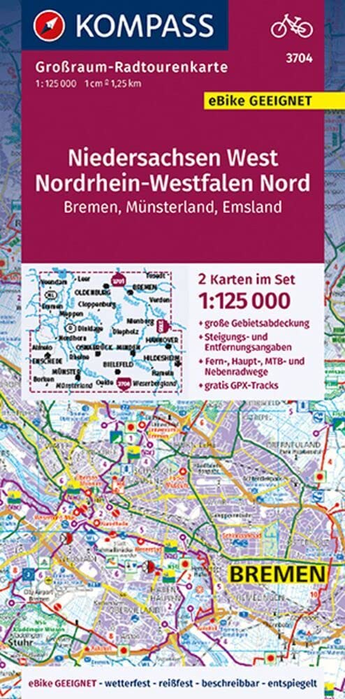 KOMPASS Großraum-Radtourenkarte 3704 Niedersachsen West, Nordrhein-Westfalen Nord 1:125.000: 2 Karten im Set, reiß- und wetterfest, GPX-Daten zum Download