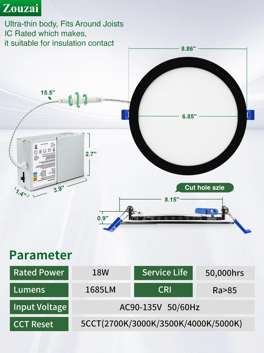 zouzai Lámpara LED de techo de 20,3 cm (8 pulgadas), ultradelgada, 5 CCT con caja de conexiones, 2700 K/3000 K/3500 K/4000 K/5000 K, regulable, luces LED para latas. Certificado ETL y Energy Star, 12