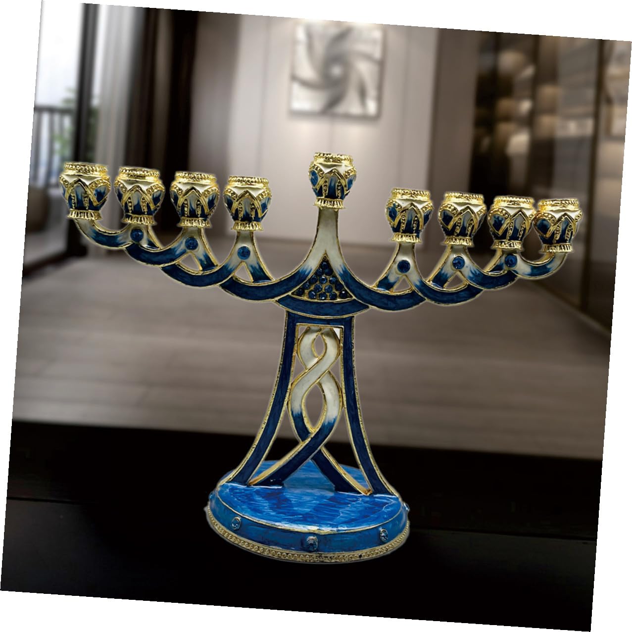 Candeliere Ebraico per Cerimonie Religiose in Metallo Blu, Design Vintage 9 Braccia Stabile e Robusto, per Camera da Letto o Festa