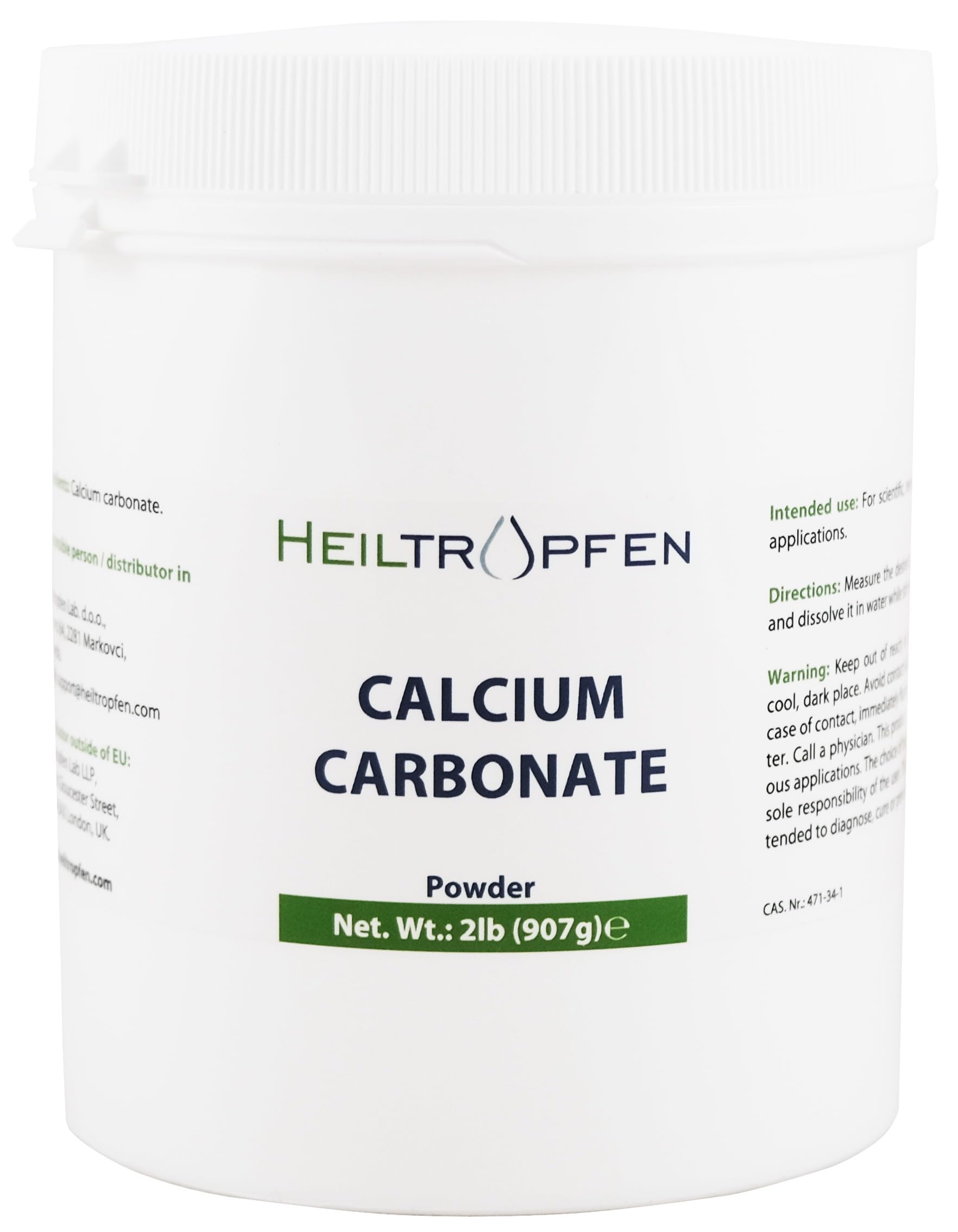 Poudre de carbonate de calcium | 2 lb - 907 g | Calcaire de la plus haute pureté | Analyse effectuée par un laboratoire tiers | Heiltropfen®