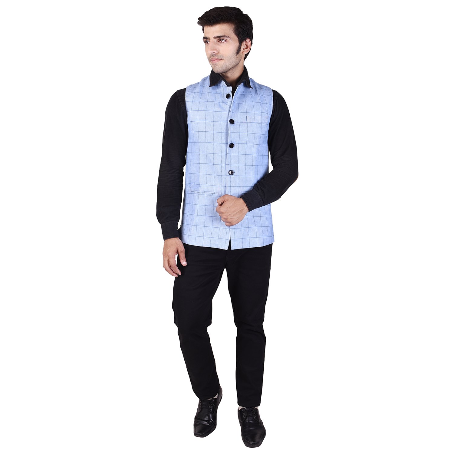 veera paridhaan Men's Solid Sky Blue Cotton Poly Nehru Jacket-picture-25