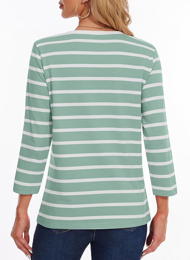 YUTILA Dames T-shirts gestreept 3/4 mouwen V-hals bovenstuk katoen shirt met lange mouwen basic casual streetwear henley shirt, wijnrood en wit, L