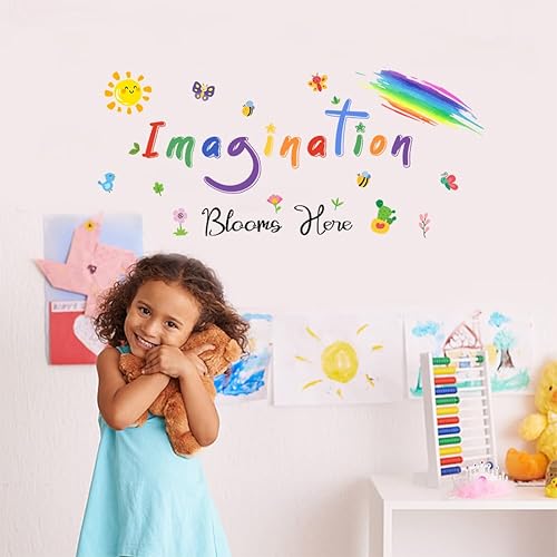 SUPERDANT La imaginación florece aquí - Adhesivo decorativo para pared, flores coloridas, arco iris, sala de juegos, cuarto de juegos, sala de