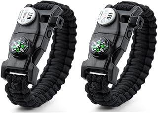 Galaxy 21 in 1 Survival Bracelet, Paracord Emergency Outdoor Sports Wristband Kit Waterproof Compass, SOS LED Light, Thermometer, Rescue Whistle, Fire Starter. Multi 21 Tools (Black 2 Pc)
