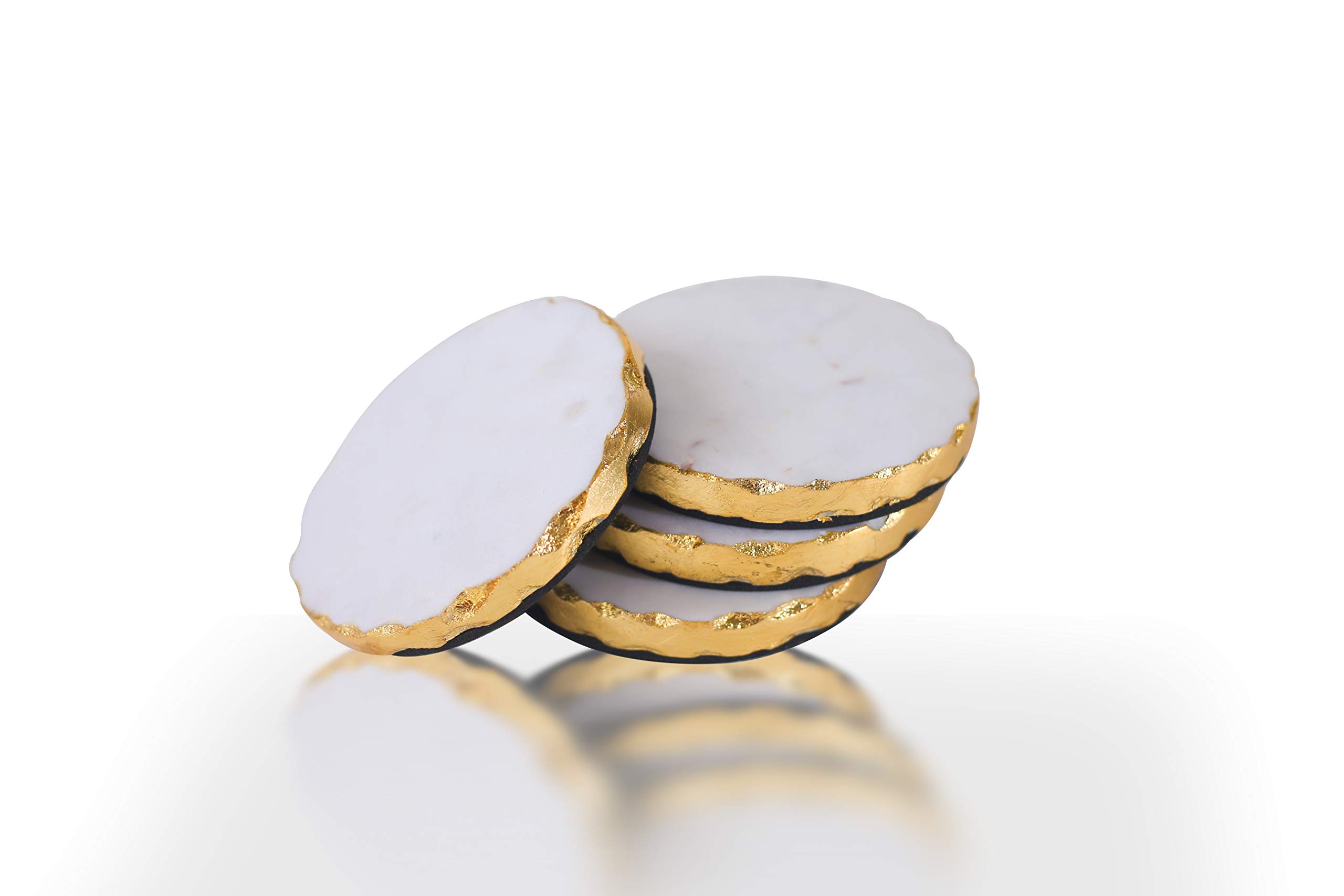 GMRS Home White Marble Handmade Coaster-Set of 4 (Round) with Gold Foiling
