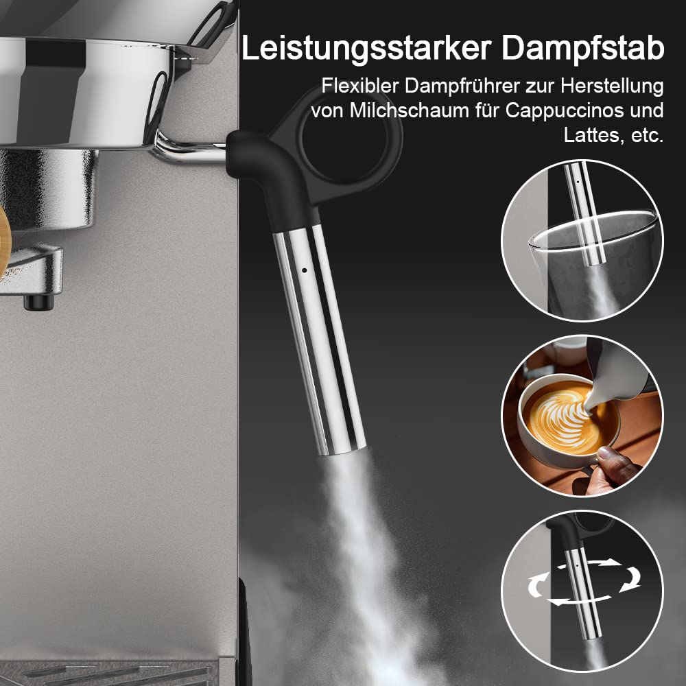 Biolomix Espressomaschine Siebträgermaschine 20 Bar,Filterhalter mit Doppelauslauf,Milchaufschäumdüse,abnehmbarer Wassertank, für 1-2 Tassen,Espresso,Cappuccino und Latte Machiato (CM7008-EU)