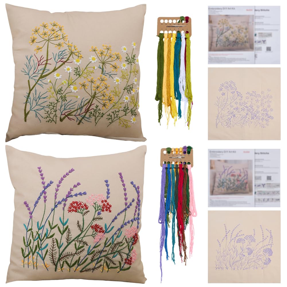 WEBEEDY 2 Set Stickkissen Set Komplettes DIY Kissenbezug Set Mit Vorbedruckten Floralen Kissenbezügen Stickgarne Nadeln & Anleitung Für Heimdekoration 42x42cm