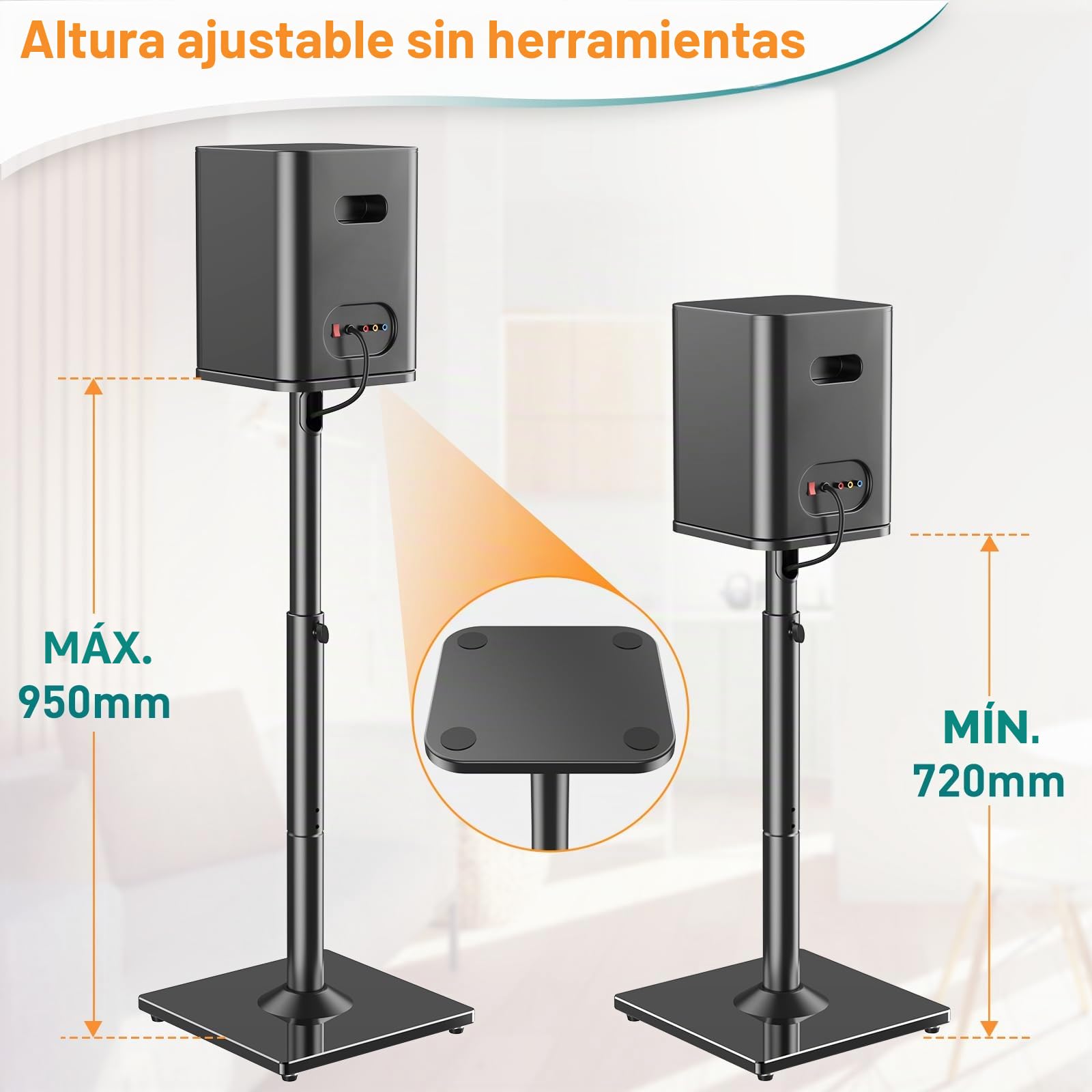 ELIVED Soporte universal para altavoces (altura regulable hasta 95 cm, con base de cristal y canal de cable interno para altavoces de estantería, capacidad de carga de 10 kg, 1 par), color negro