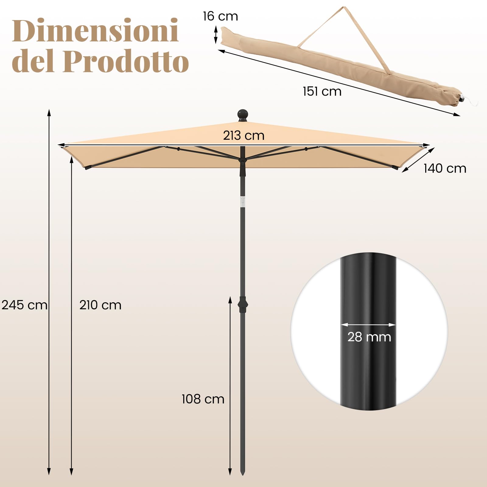 COSTWAY Ombrellone da Balcone 213 x 140 cm, Inclinazione Regolabile, Anti-UV, con Borsa da Trasporto, per Giardino, Terrazzo, Spiaggia (Beige)