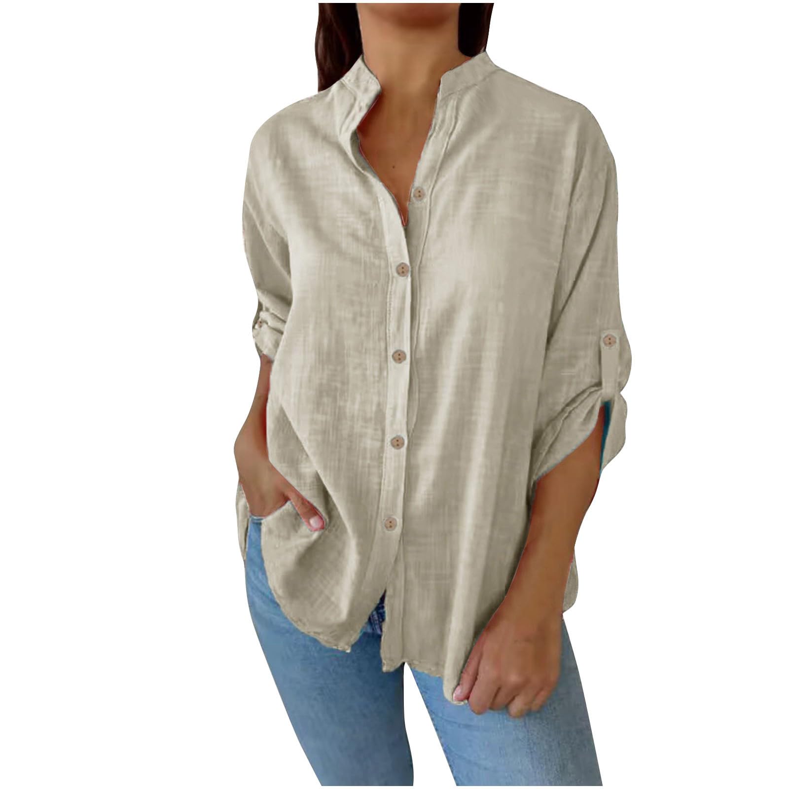 Notch V Neck Button Down Shirts for Women Summer Casual Cotton Linen Tops Rolled Up Long Sleeve Lightweight Blouses Beige