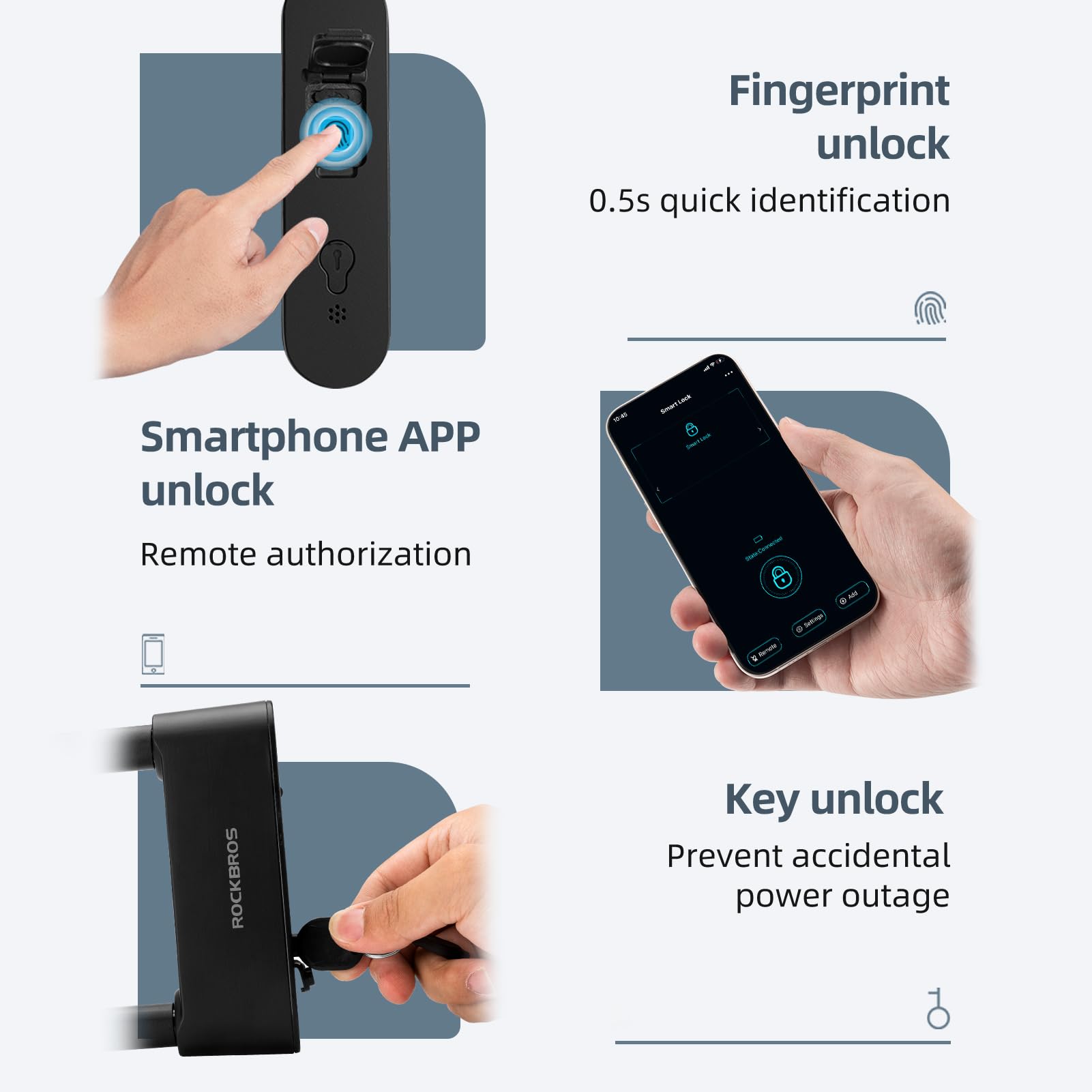 ROCKBROS Lucchetto Impronta Digitale, Blocco Intelligente delle Impronte Digitali con Controllo APP Bluetooth, Lucchetto a U Serratura Biometrica Antifurto Impermeabile Bici Moto, Nero