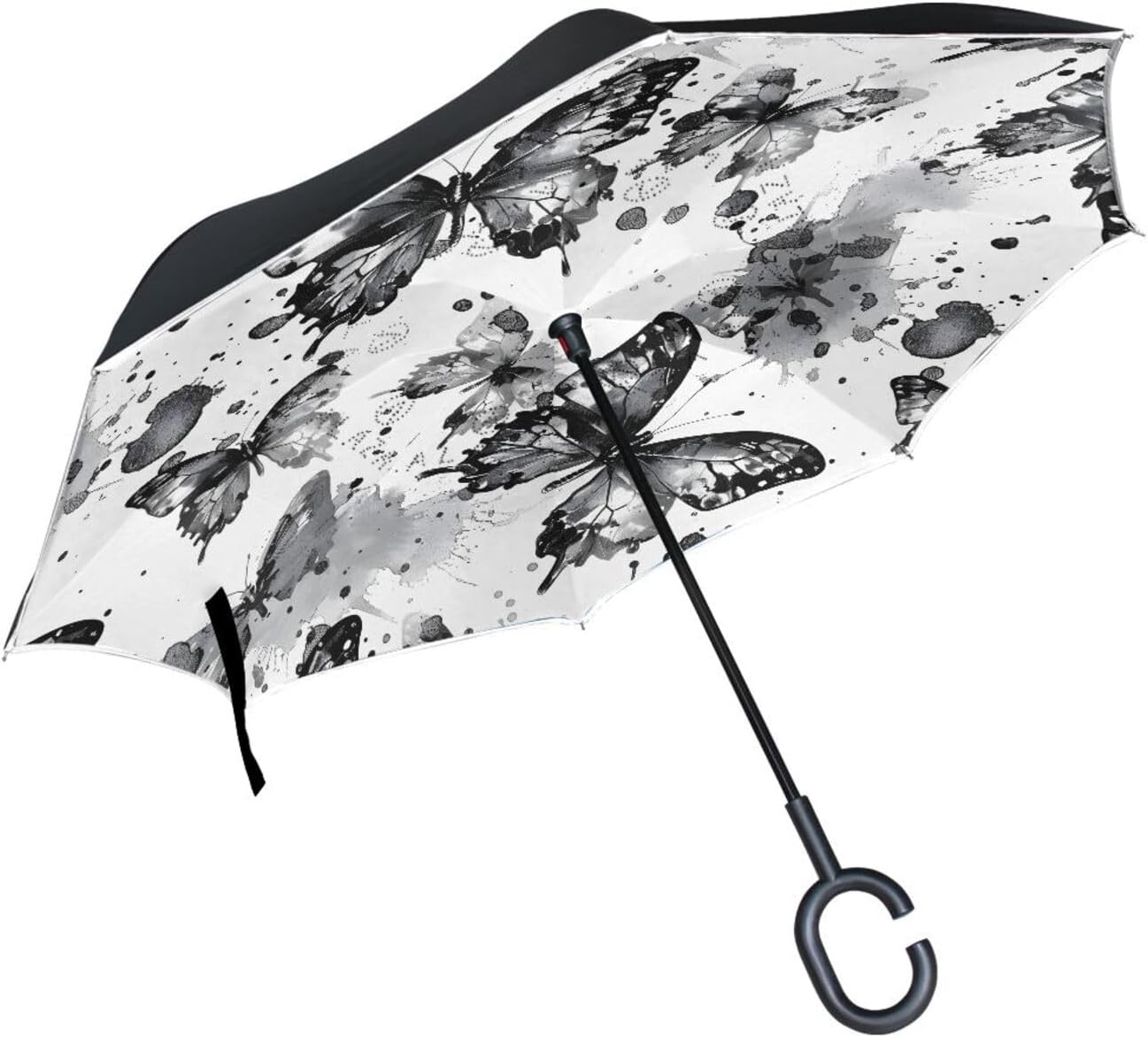 Gray Butterflies Pattern Inverted Umbrellas for Rain Windproof Reverse Upside Down Golf Umbrella with C-shape Handle for Men Women