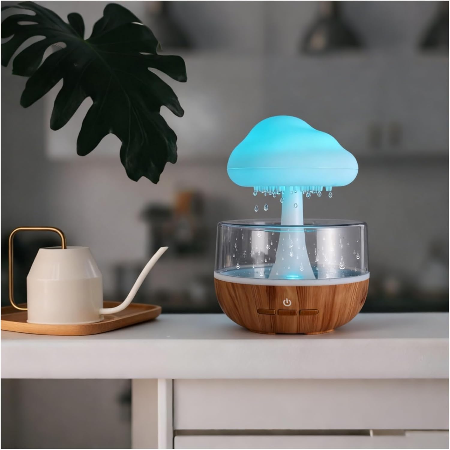 Weljoy Mushroom Cloud Rain Lamp, 7 Color Changing LED Tabletop Fountain with Water Drip Sounds, USB Rechargeable Desk Decor for Home, Office (Wood Grain Base)