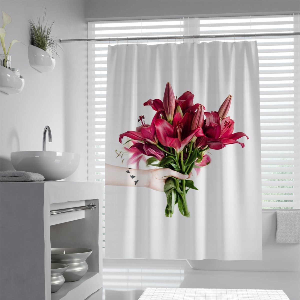 UIRINGART Red Lily Bouquet Bath Curtain W200xL220cm Romantic Flower Floral Watercolor Waterproof Fast Drying Bathtub Screen with Hooks