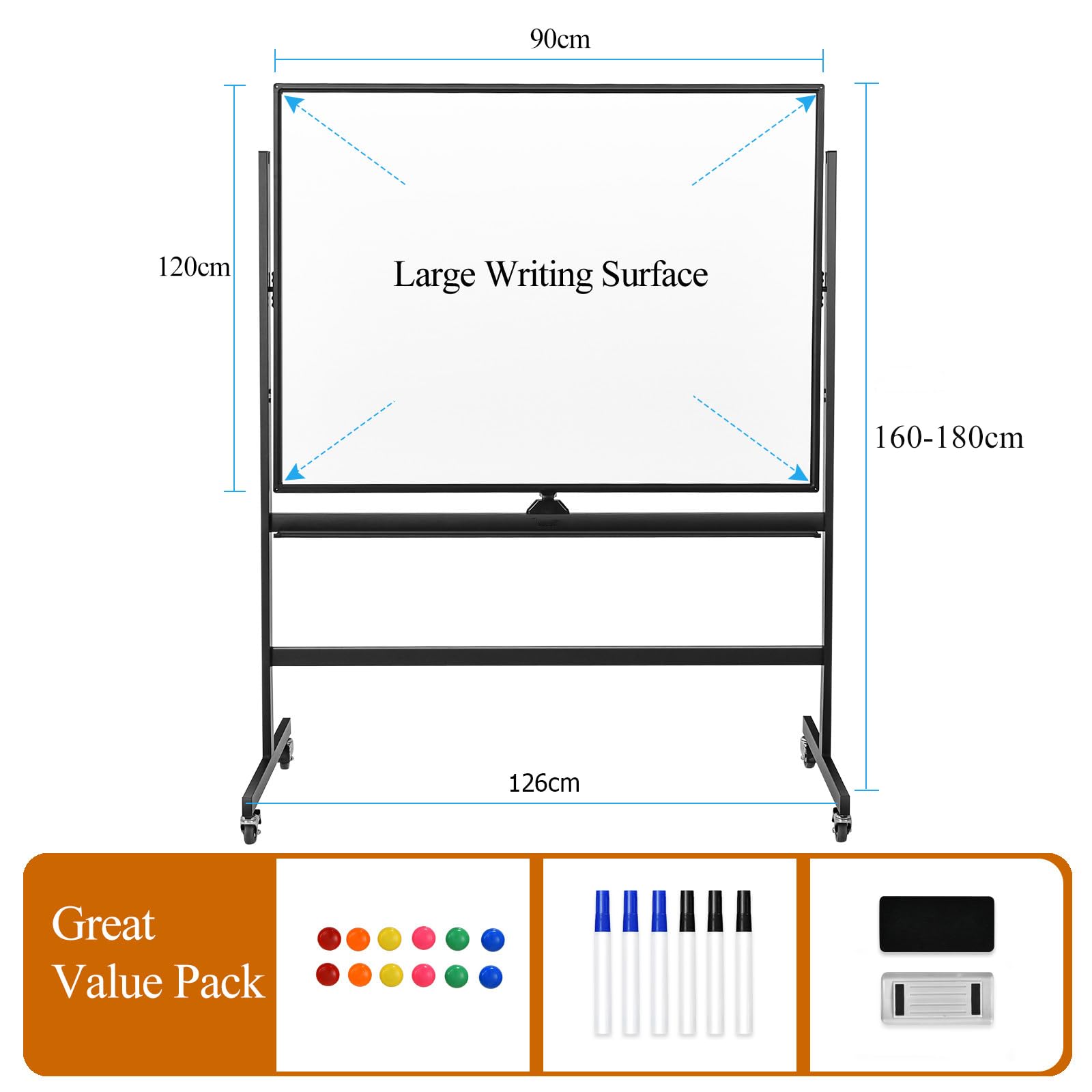 LIFEZEAL Mobiles Whiteboard, Doppelseitige Magnettafel mit Ständer, Magnetische Tafel höhenverstellbar & 360° drehbar, Magnetwand mit Stiftablage, magnetische Weißtafel (Schwarz, 120×90×161-181 cm)