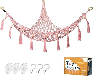 Stuffed Animal Toy Hammock Corner Hammock Organizer Display Rack Bohemian Net Bag for Hanging Toys Hanging Stuffed Animal Organizer Corner Toy Storage Rack Stuffed Animal Net Tassel 44 in (Pink)