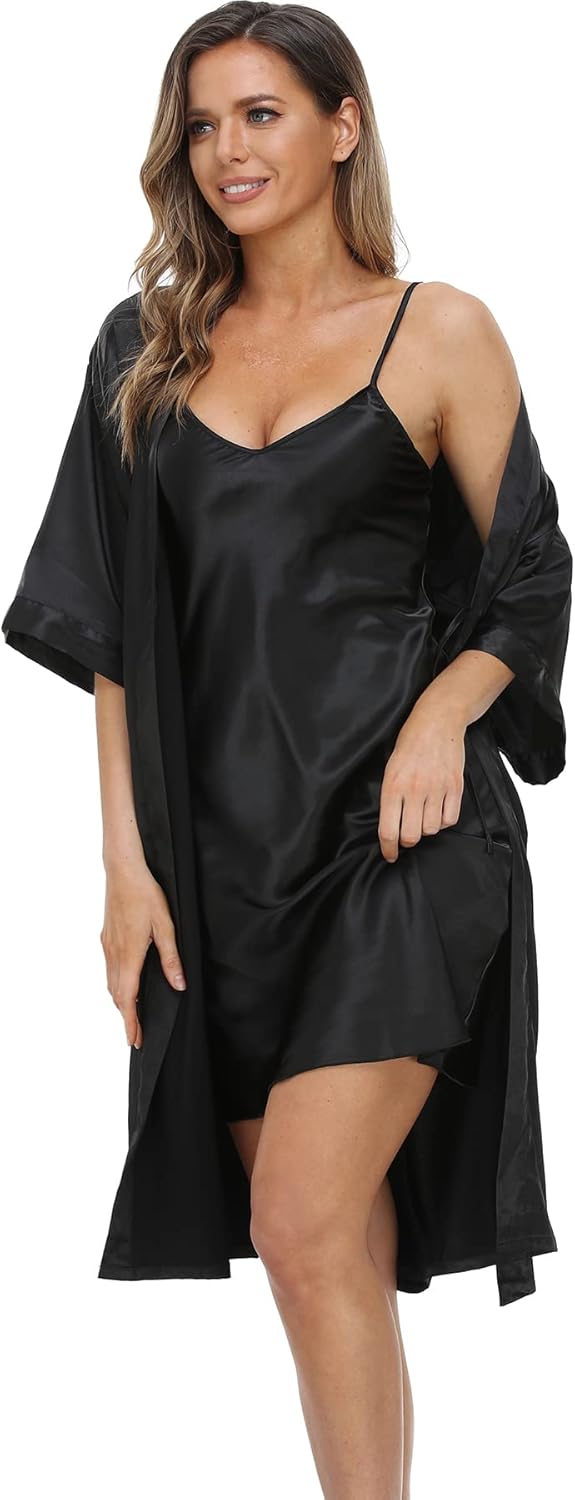 Women's Satin Nightgown with Robes Set 2 Piece Sleepwear Sexy Slip Gown Pajamas Set Silky Cami Nightwear - Image 5