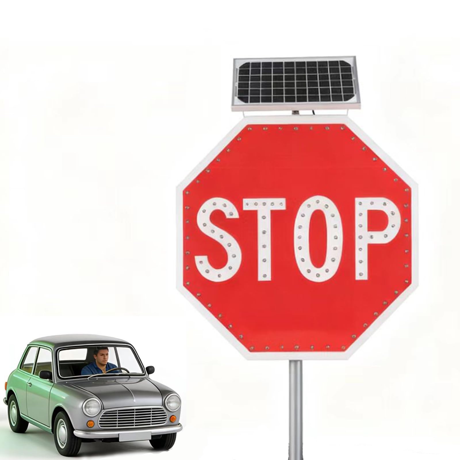 Señal de parada intermitente con energía solar, señal de advertencia de tráfico reflectante LED, marco de metal resistente a la intemperie, octágono de aluminio para calzadas y garajes