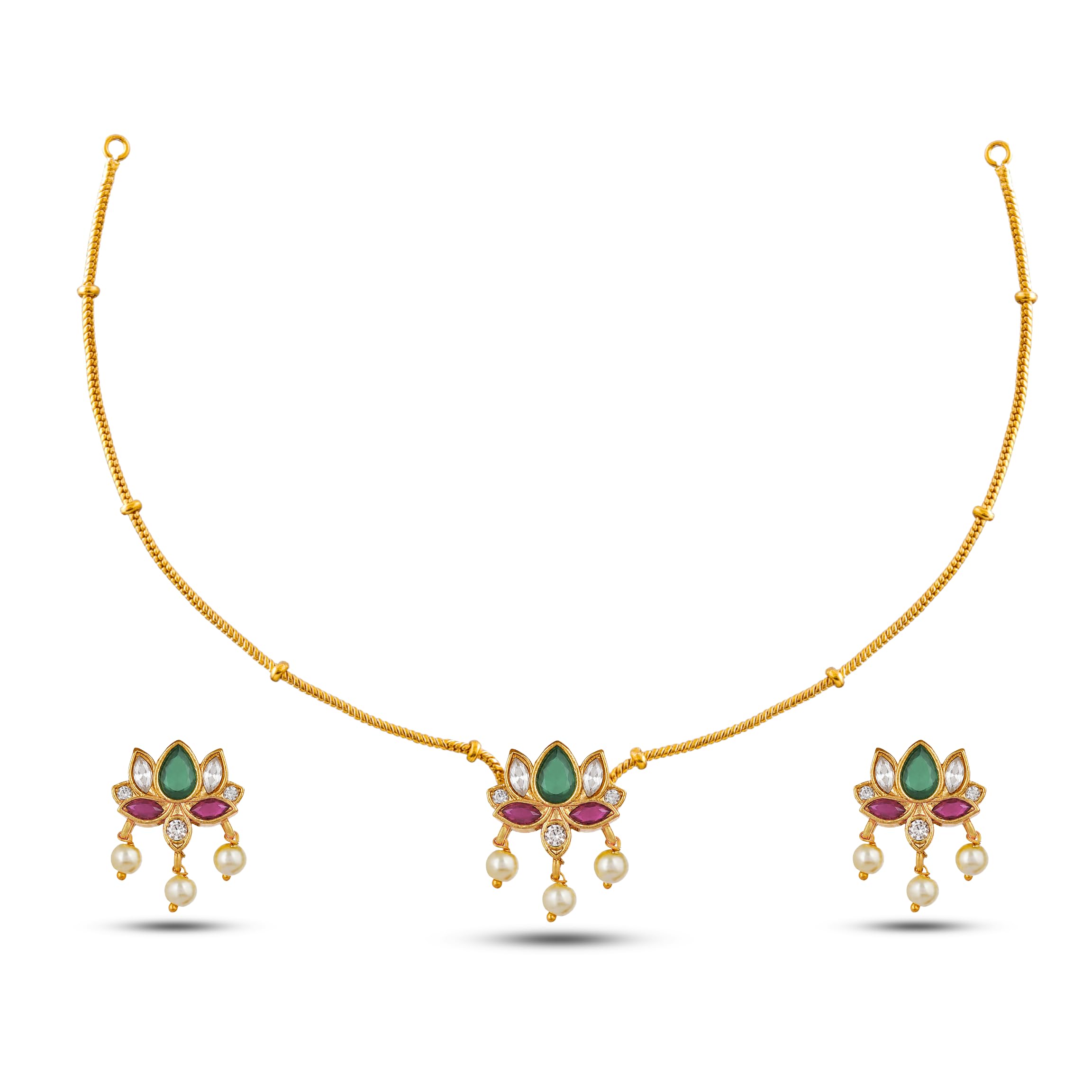 Traditional Lotus Flower Design Collar Bone Choker Necklace Set, Enamelled, AD Studded Floral Pendant With Pearl Chain for Women & Girls-image-16
