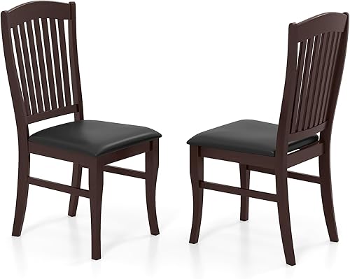 Juego de 2 sillas de comedor de madera, sillas de cocina tapizadas con asiento de piel sintética, respaldo alto de listones y marco de madera de