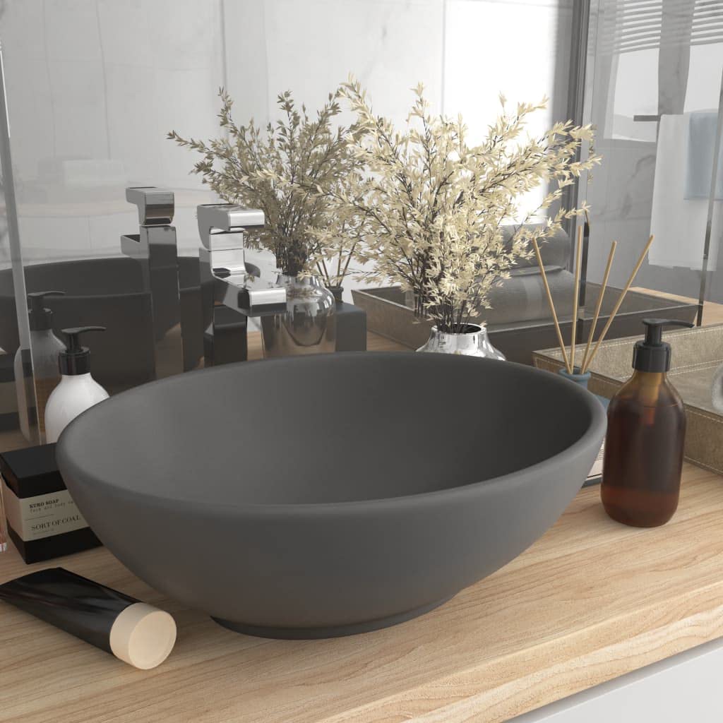 HOMIUSE 40x33x13,5 cm Lavabo Colgante con Desagüe Gris Oscuro Mate Lavabo Baño Lavabo de Lujo Ovalado Cerámica Lavabo Sobre Encimera Lavamanos Baño Lavabo Piedra Lavabo Suspendido