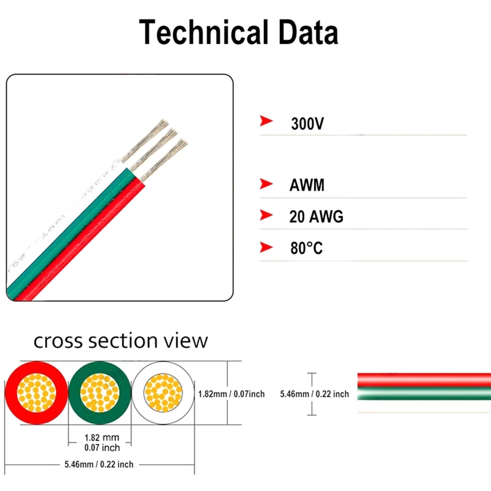 Outdoor Extension LED Connector Insulated PVC Cable 22AWG 3pin Electrical Wires for Lightings Solar sheathed(Size:5meter,Color:20AWG)