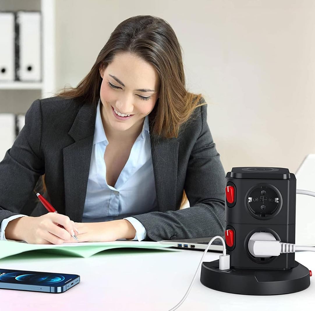 Vetech Akım Korumalı Priz Kule Tipi Kablosuz Şarj İstasyonu, 8 Priz, 2 TYPE-C, 1 USB Girişli, 2Mt Kablo