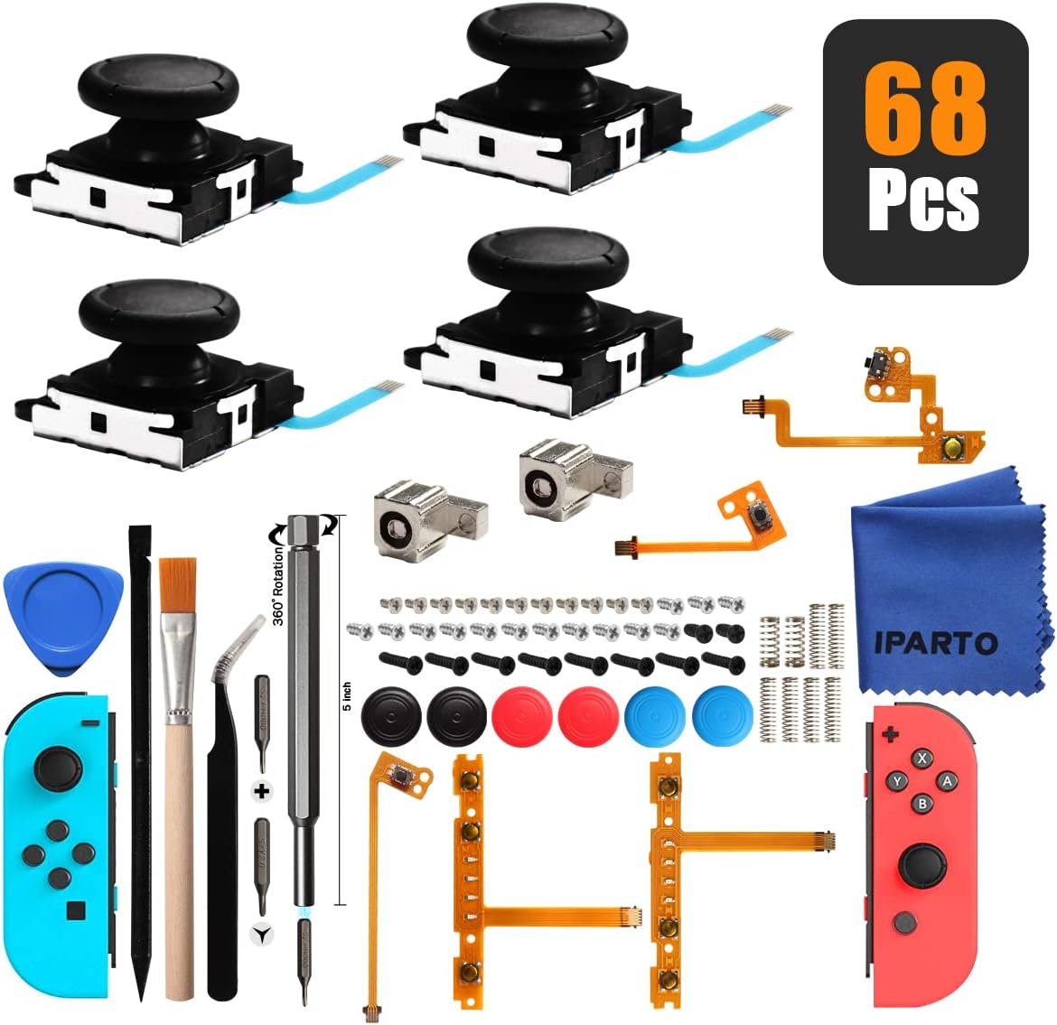 iParto 4 Pack Joystick Analog Thumb Stick for Nintendo Switch Joy Con Controller Joycon Repair Kit with Flex Cable Screws Springs Thumbstick Grips Repair Tools