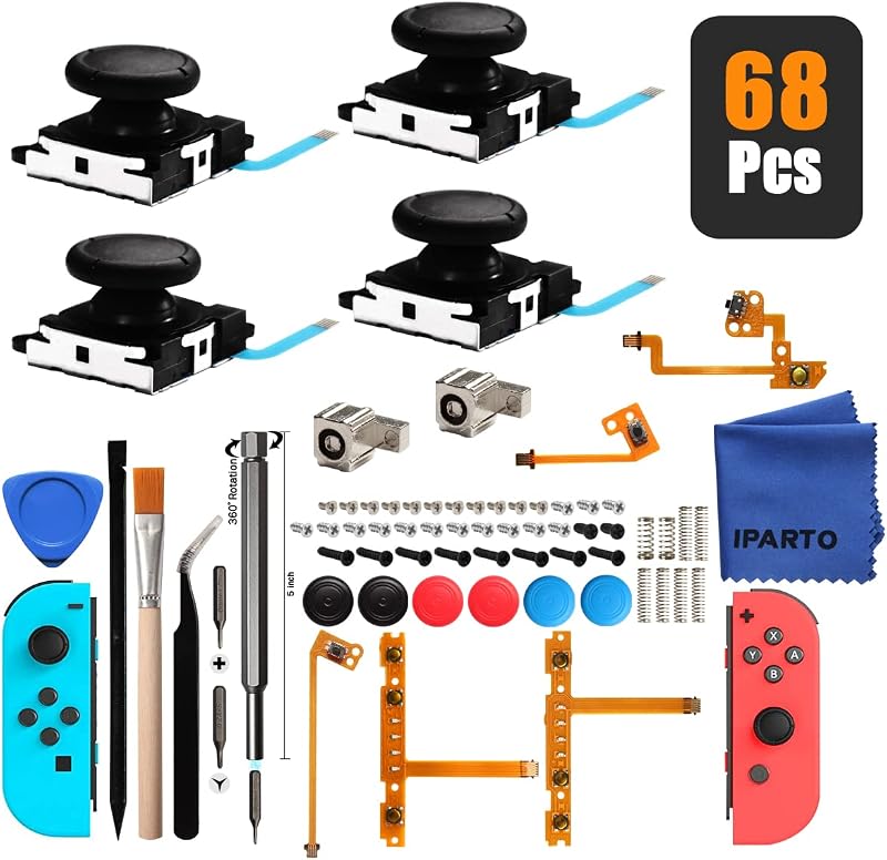 iParto 4 Pack Joystick Analog Thumb Stick for Nintendo Switch Joy Con Controller Joycon Repair Kit with Flex Cable Screws Springs Thumbstick Grips Repair Tools