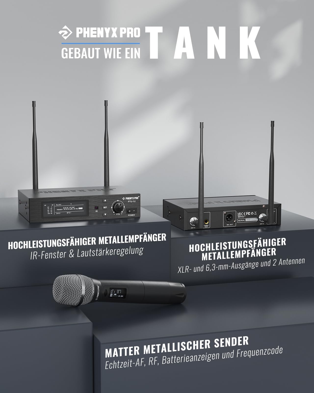 Phenyx Pro UHF True Diversity Funkmikrofon-System PTU-1U-1H | Auto-Scan, 1000 einstellbare Kanäle, 328 ft Reichweite, IR-Sync, Dynamisches Handmikro, Gesang, Bühnengesang, Studioaufnahme