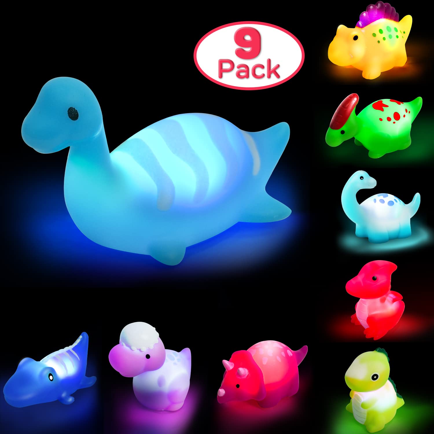 TOY Life 6 PC Dinosaur Light Up Bath Toys for Kids, Without Hole, Bath Toys for Kids Ages 4-8, Make Fun Bath-Time Gifts for Birthdays, Easter. Ideal for Use in The Shower, Bathtub, or Swimming Pool.