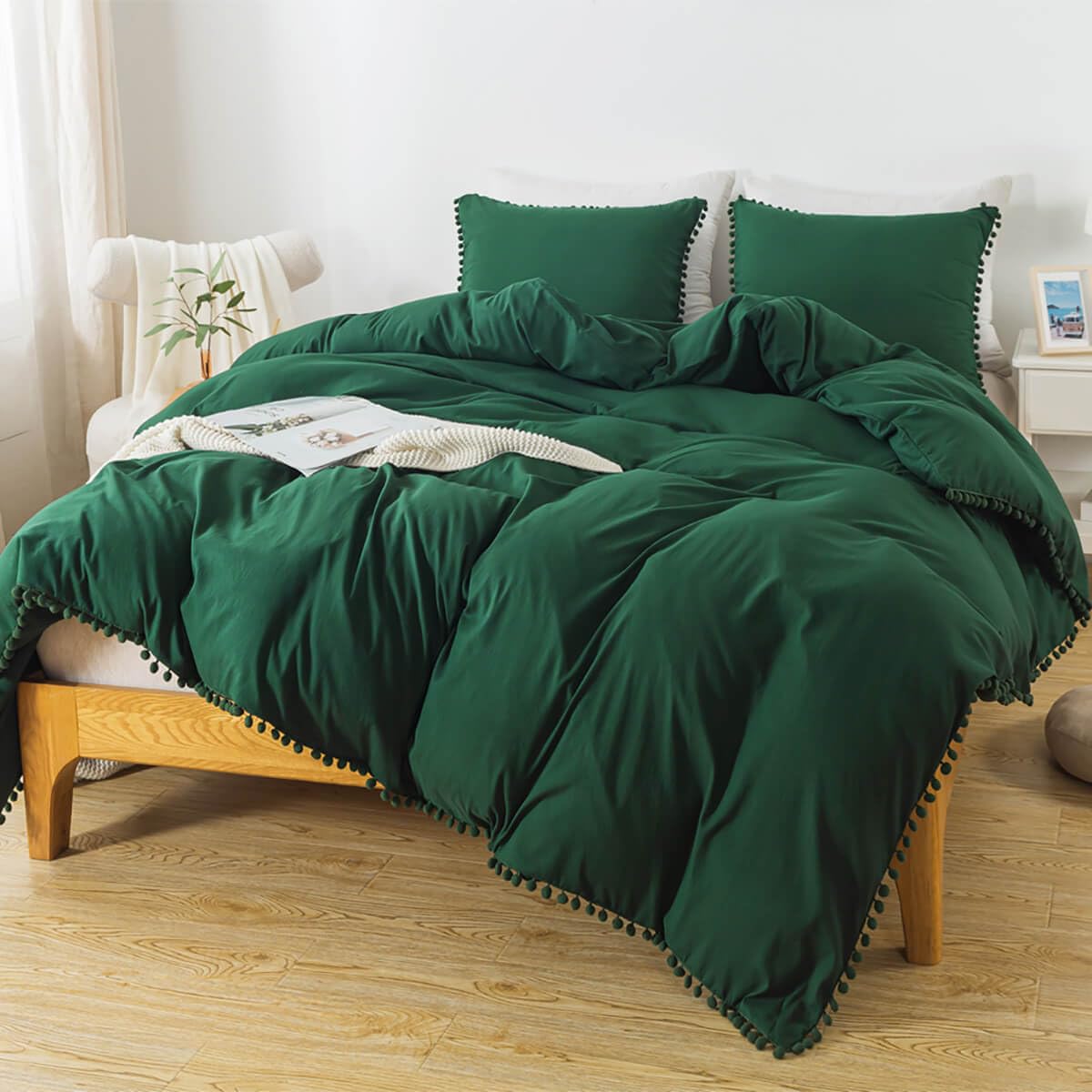TanNicoor Pom Fringe Duvet Cover Set - 3 Piece Natural Ultra SOFE Color Washed Microfiber Bedding Set, Modern Style Down Comforter Quilt Cover with Zipper Closure(Twin, Emerald Green)
