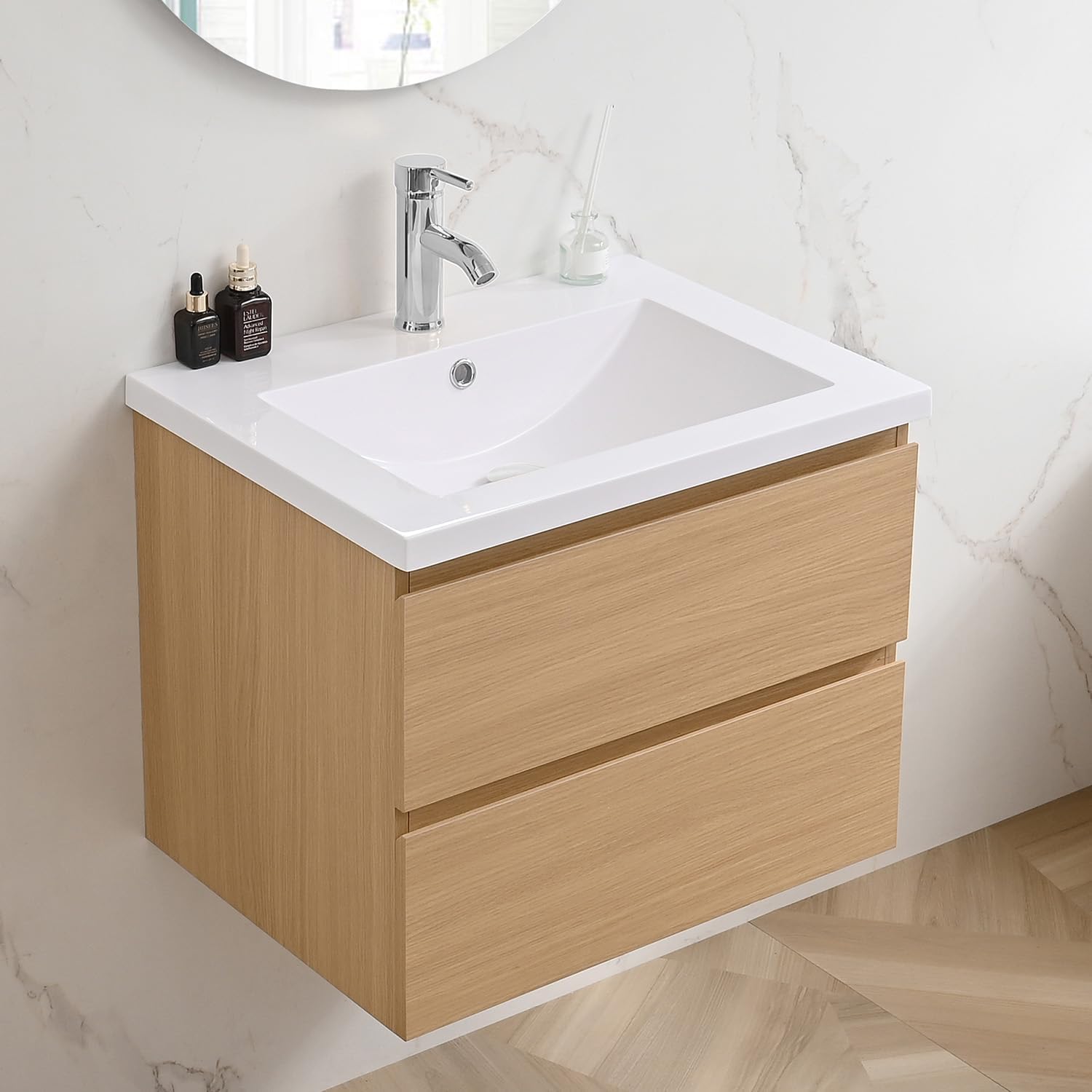 walsport Floating Bathroom Vanity with Sink & Mirror & Faucet & Countertop Set Small Wall Mounted Bathroom Single Sink Cabinet with Double Storage Drawers Modern (Natural)