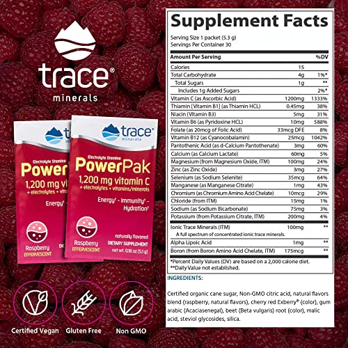 Trace Minerals | Power Pak Electrolyte Powder Packets | 1200 Mg Vitamin C, Zinc, Magnesium | Boost Hydration, Immunity, Energy, Muscle Stamina | Raspberry | 30 Packets #TOP3