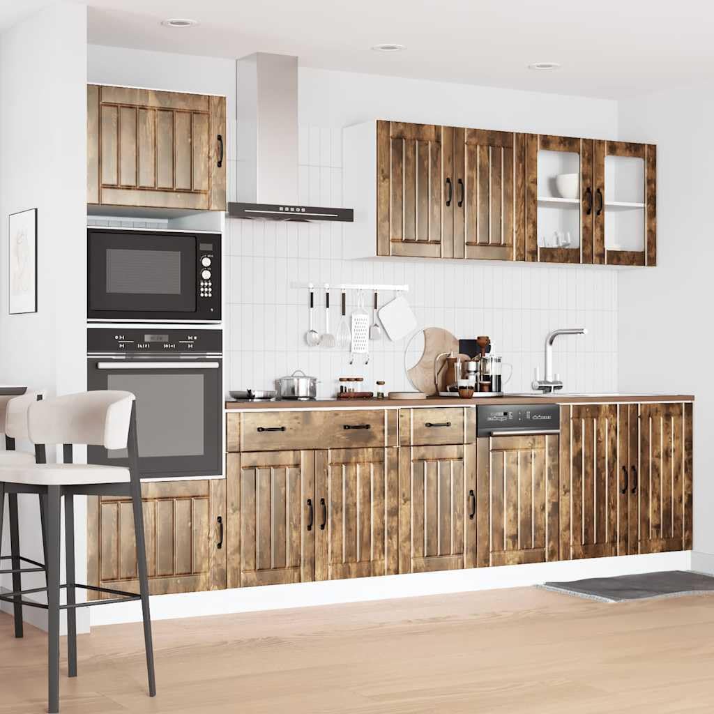 7-teilige Küchenzeile Lucca, Einbauküche mit Schränken aus Holzwerkstoff, Küchenblock für viel Stauraum, Küchenschrank-Set für Spüle und Geschirrspüler, Räuchereiche