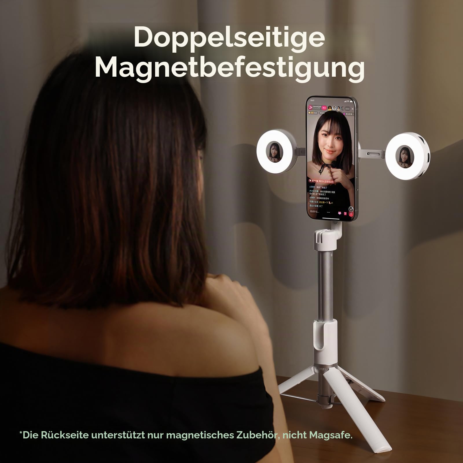 ULANZI ML05 Magnetische Selfie Licht für iPhone, Dual Magnet LED Ringlicht mit Spiegel, 9000K CRI≥97, Weitwinkel-Beleuchtung, Handy-Licht ideal für Reise-Vlogs, Foto- und Videoaufnahmen